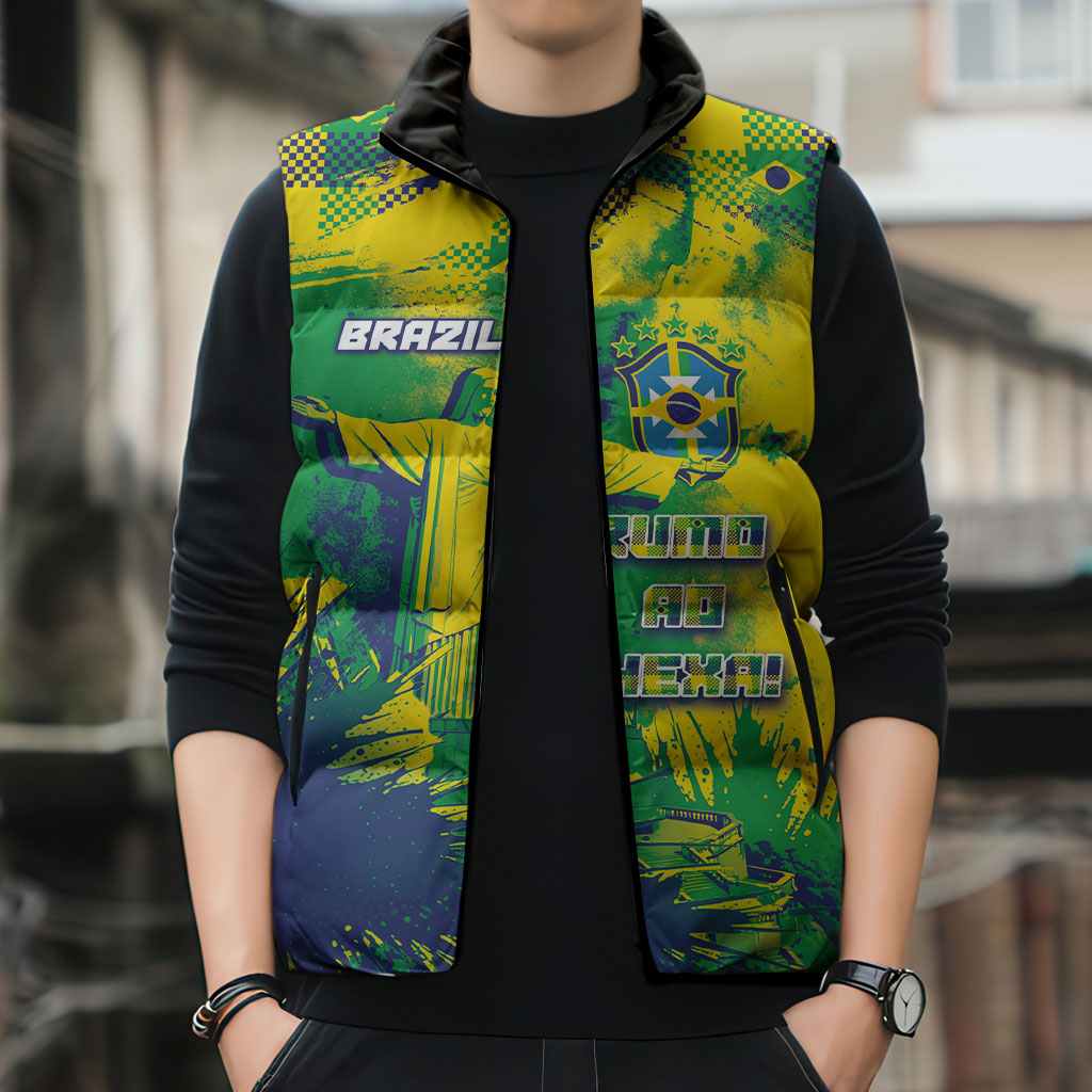 Custom Brazil Football Sleeveless Puffer Jacket Rumo Ao Hexa Grunge Style
