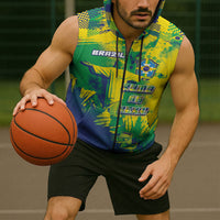 Custom Brazil Football Sleeveless Zip Hoodie Rumo Ao Hexa Grunge Style