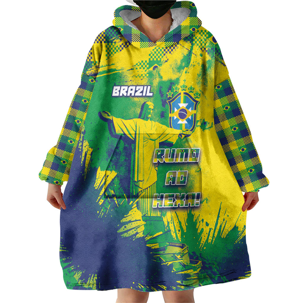 Custom Brazil Football Wearable Blanket Hoodie Rumo Ao Hexa Grunge Style