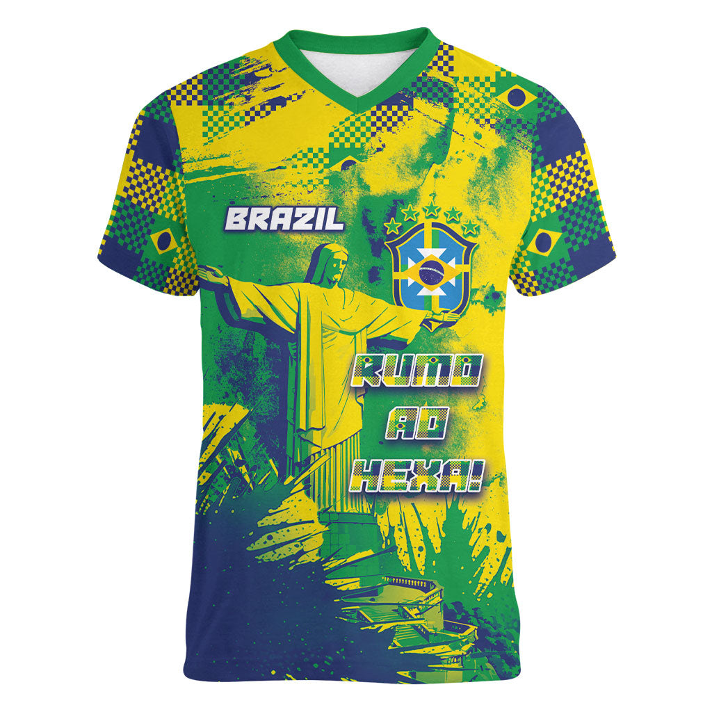 Custom Brazil Football Women V-Neck T-Shirt Rumo Ao Hexa Grunge Style