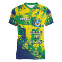 Custom Brazil Football Women V-Neck T-Shirt Rumo Ao Hexa Grunge Style