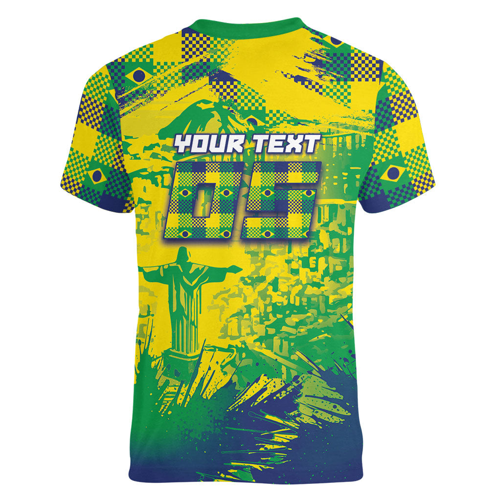 Custom Brazil Football Women V-Neck T-Shirt Rumo Ao Hexa Grunge Style