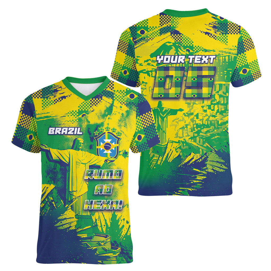 Custom Brazil Football Women V-Neck T-Shirt Rumo Ao Hexa Grunge Style