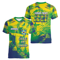 Custom Brazil Football Women V-Neck T-Shirt Rumo Ao Hexa Grunge Style