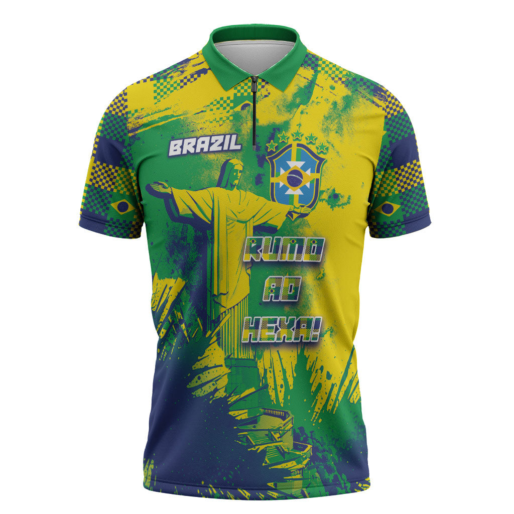 Custom Brazil Football Zipper Polo Shirt Rumo Ao Hexa Grunge Style