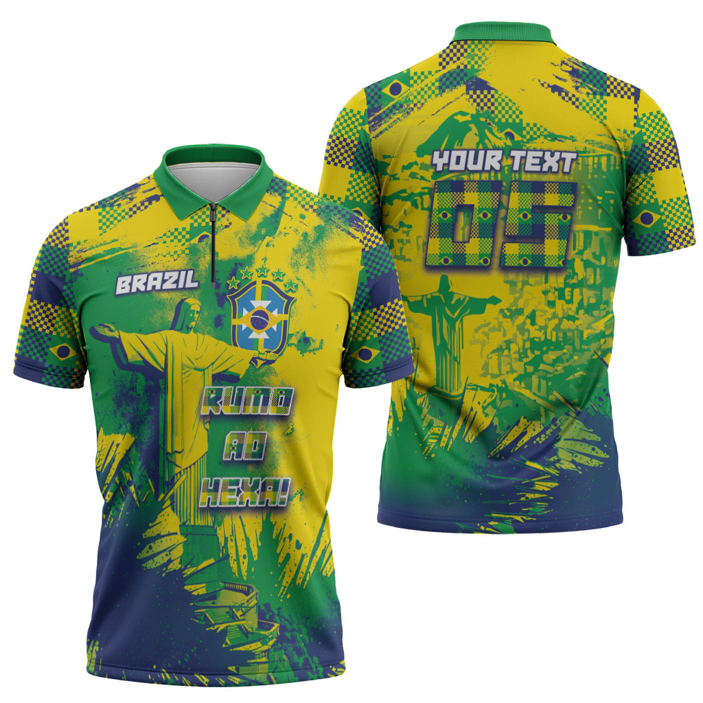 Custom Brazil Football Zipper Polo Shirt Rumo Ao Hexa Grunge Style
