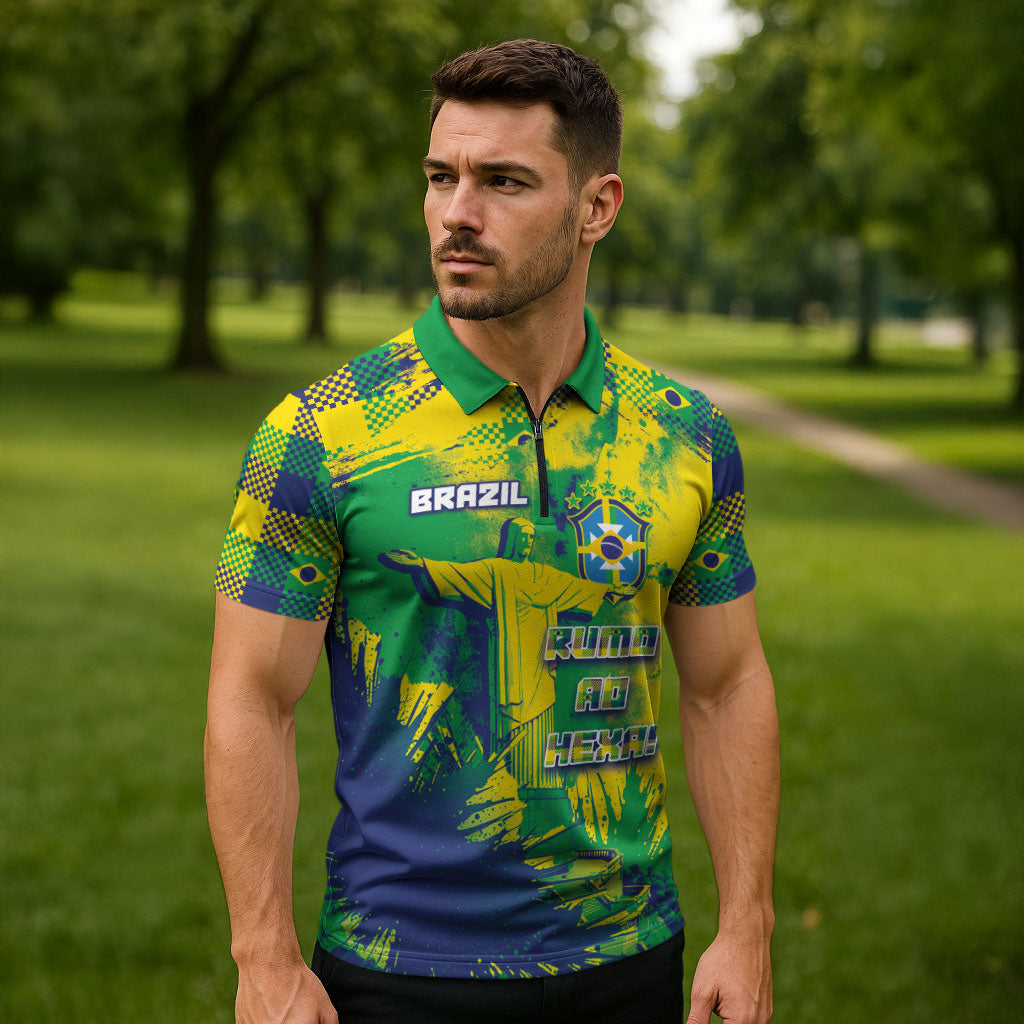 Custom Brazil Football Zipper Polo Shirt Rumo Ao Hexa Grunge Style