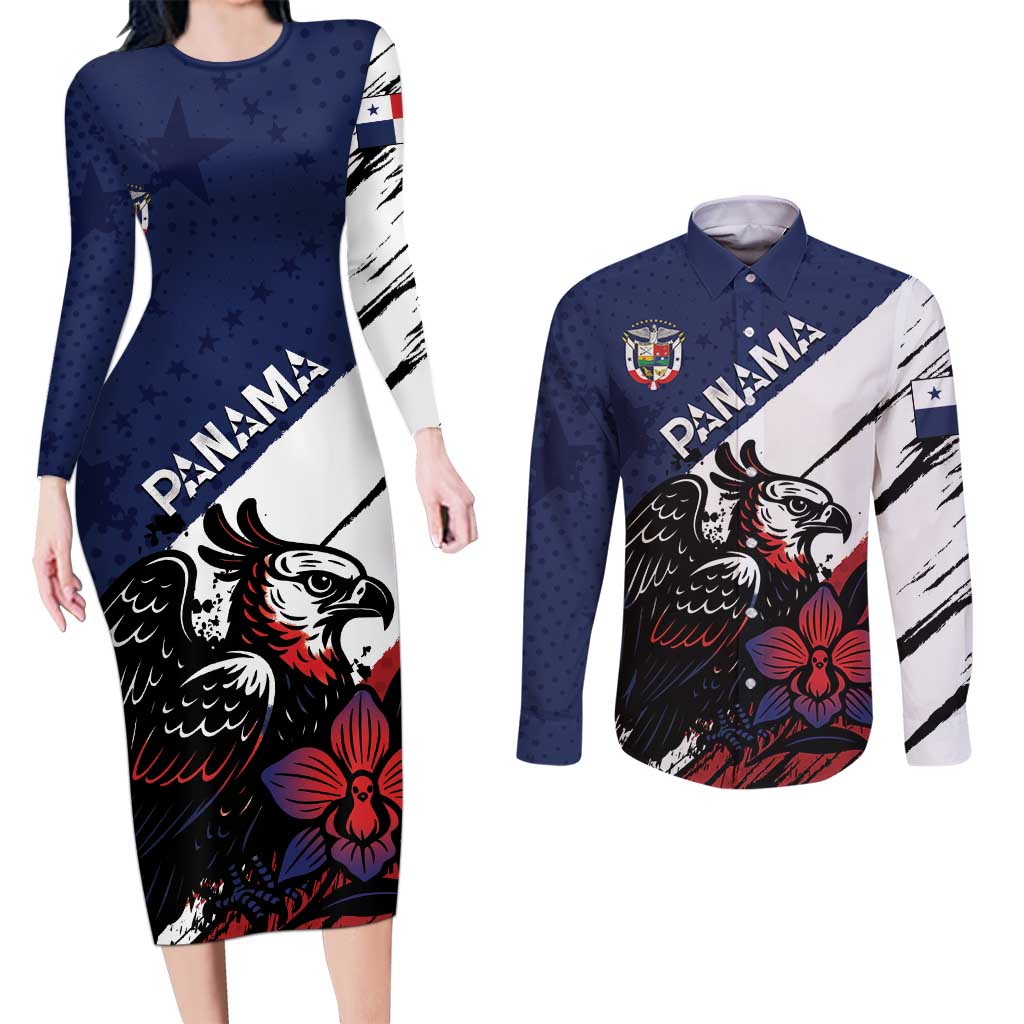 Personalized Panama Couples Matching Long Sleeve Bodycon Dress and Long Sleeve Button Shirt Harpy Eagle Bird Grunge Style