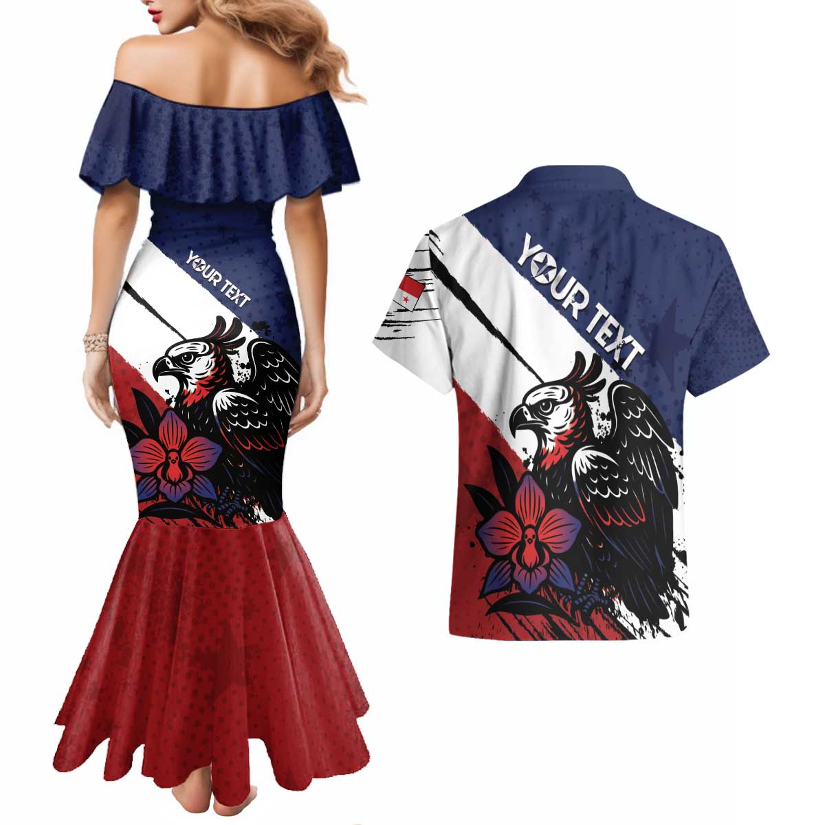 Personalized Panama Couples Matching Mermaid Dress and Hawaiian Shirt Harpy Eagle Bird Grunge Style