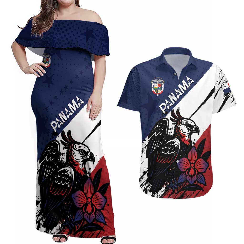 Personalized Panama Couples Matching Off Shoulder Maxi Dress and Hawaiian Shirt Harpy Eagle Bird Grunge Style