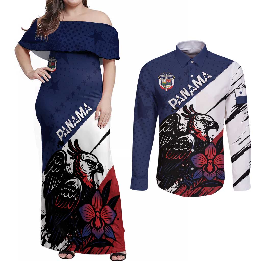 Personalized Panama Couples Matching Off Shoulder Maxi Dress and Long Sleeve Button Shirt Harpy Eagle Bird Grunge Style
