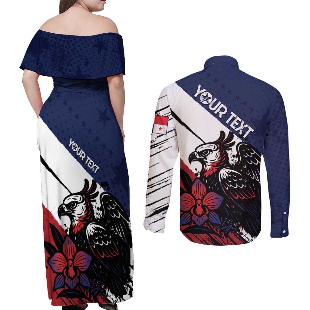 Personalized Panama Couples Matching Off Shoulder Maxi Dress and Long Sleeve Button Shirt Harpy Eagle Bird Grunge Style