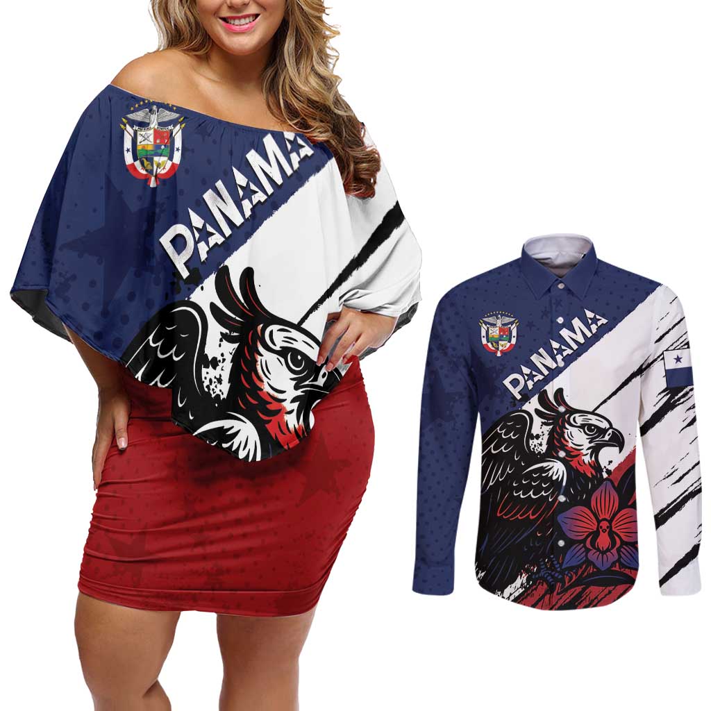 Personalized Panama Couples Matching Off Shoulder Short Dress and Long Sleeve Button Shirt Harpy Eagle Bird Grunge Style