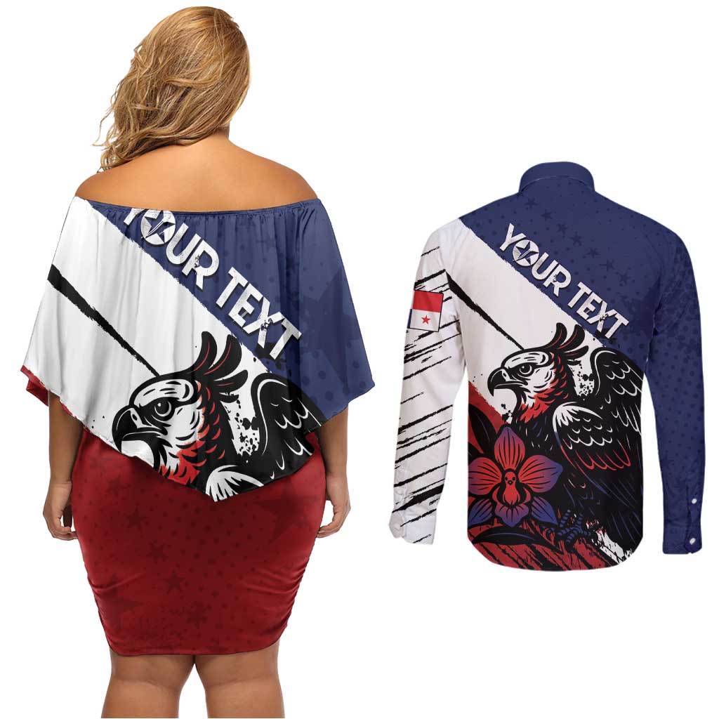 Personalized Panama Couples Matching Off Shoulder Short Dress and Long Sleeve Button Shirt Harpy Eagle Bird Grunge Style
