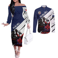 Personalized Panama Couples Matching Off The Shoulder Long Sleeve Dress and Long Sleeve Button Shirt Harpy Eagle Bird Grunge Style