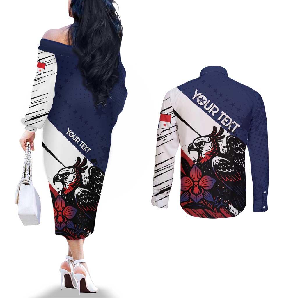 Personalized Panama Couples Matching Off The Shoulder Long Sleeve Dress and Long Sleeve Button Shirt Harpy Eagle Bird Grunge Style