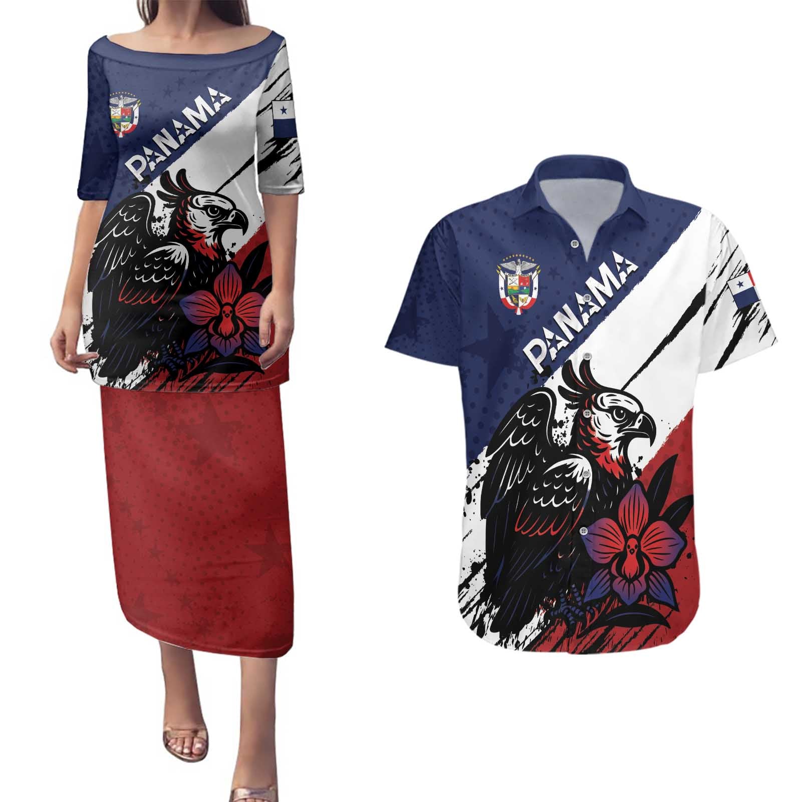 Personalized Panama Couples Matching Puletasi and Hawaiian Shirt Harpy Eagle Bird Grunge Style