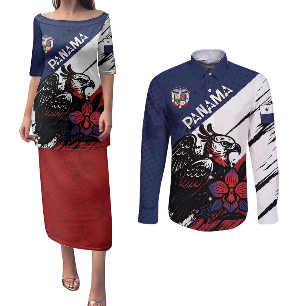 Personalized Panama Couples Matching Puletasi and Long Sleeve Button Shirt Harpy Eagle Bird Grunge Style
