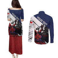 Personalized Panama Couples Matching Puletasi and Long Sleeve Button Shirt Harpy Eagle Bird Grunge Style