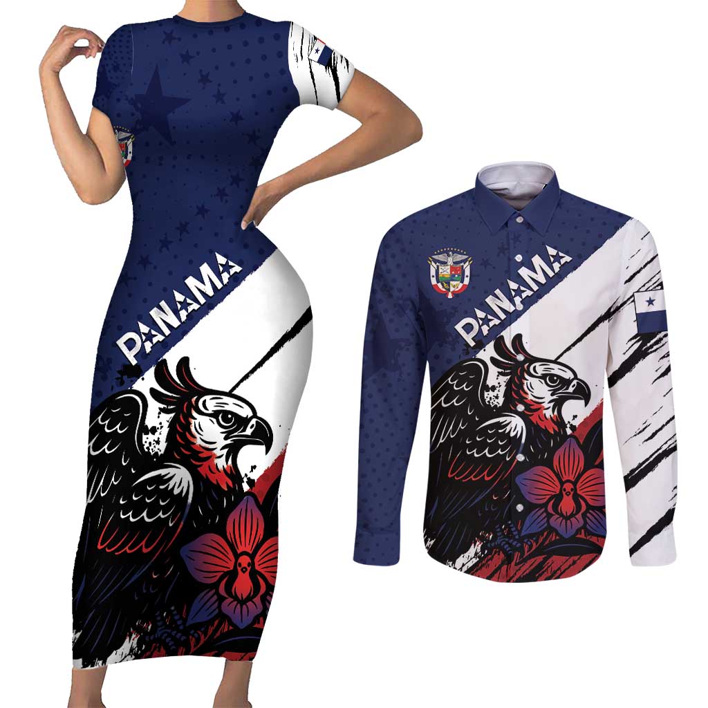 Personalized Panama Couples Matching Short Sleeve Bodycon Dress and Long Sleeve Button Shirt Harpy Eagle Bird Grunge Style