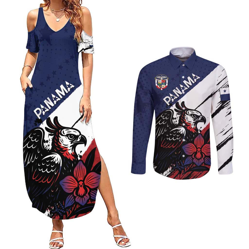 Personalized Panama Couples Matching Summer Maxi Dress and Long Sleeve Button Shirt Harpy Eagle Bird Grunge Style