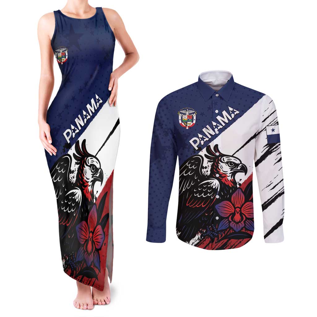 Personalized Panama Couples Matching Tank Maxi Dress and Long Sleeve Button Shirt Harpy Eagle Bird Grunge Style