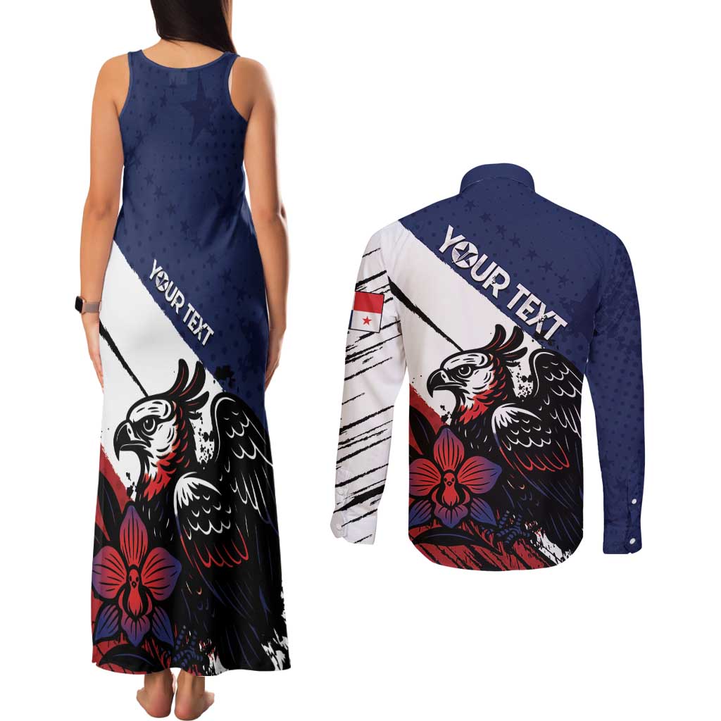 Personalized Panama Couples Matching Tank Maxi Dress and Long Sleeve Button Shirt Harpy Eagle Bird Grunge Style