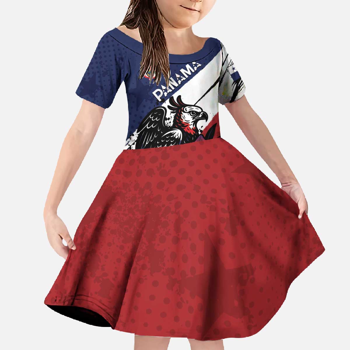 Personalized Panama Family Matching Off The Shoulder Long Sleeve Dress and Hawaiian Shirt Harpy Eagle Bird Grunge Style