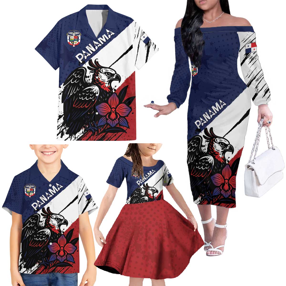 Personalized Panama Family Matching Off The Shoulder Long Sleeve Dress and Hawaiian Shirt Harpy Eagle Bird Grunge Style