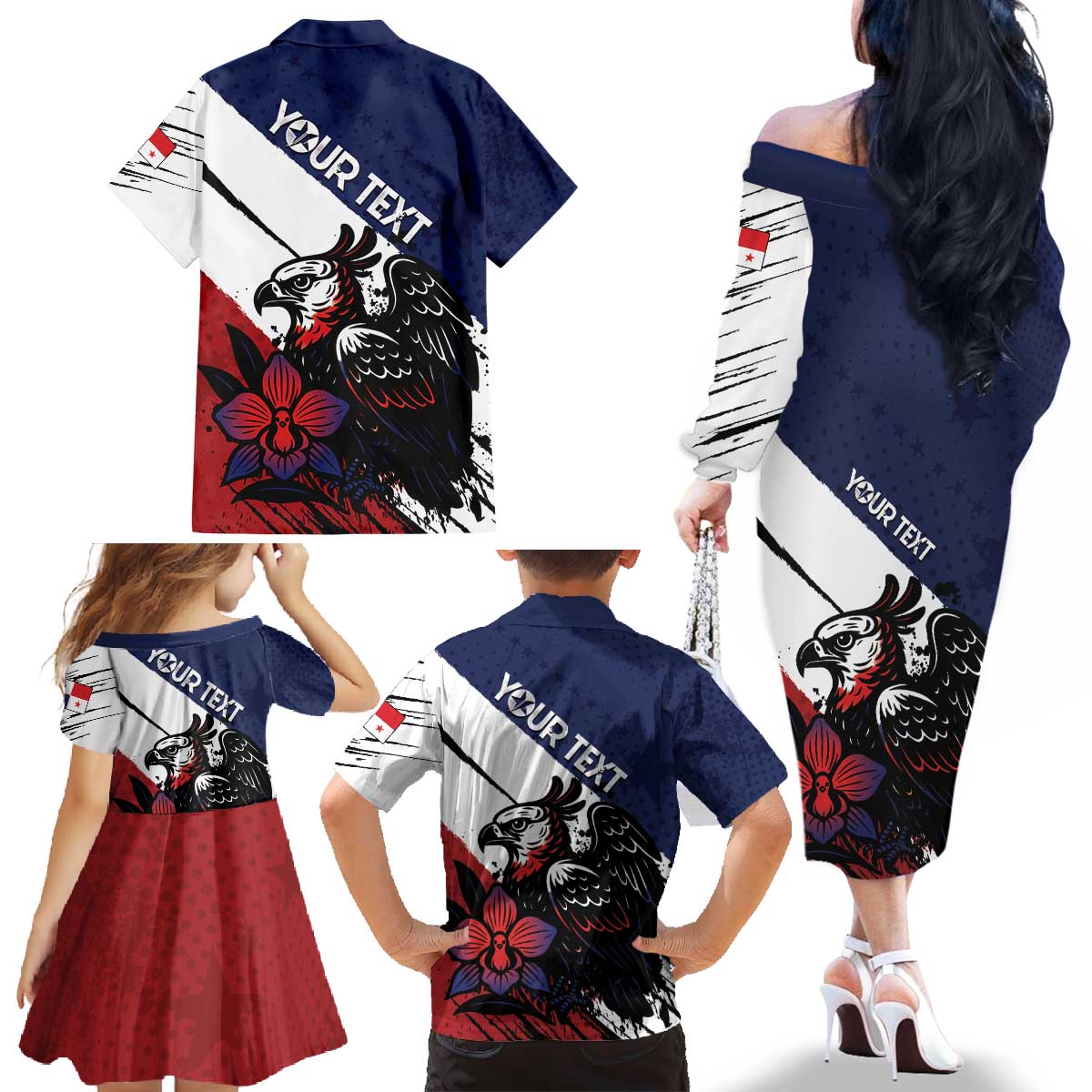 Personalized Panama Family Matching Off The Shoulder Long Sleeve Dress and Hawaiian Shirt Harpy Eagle Bird Grunge Style