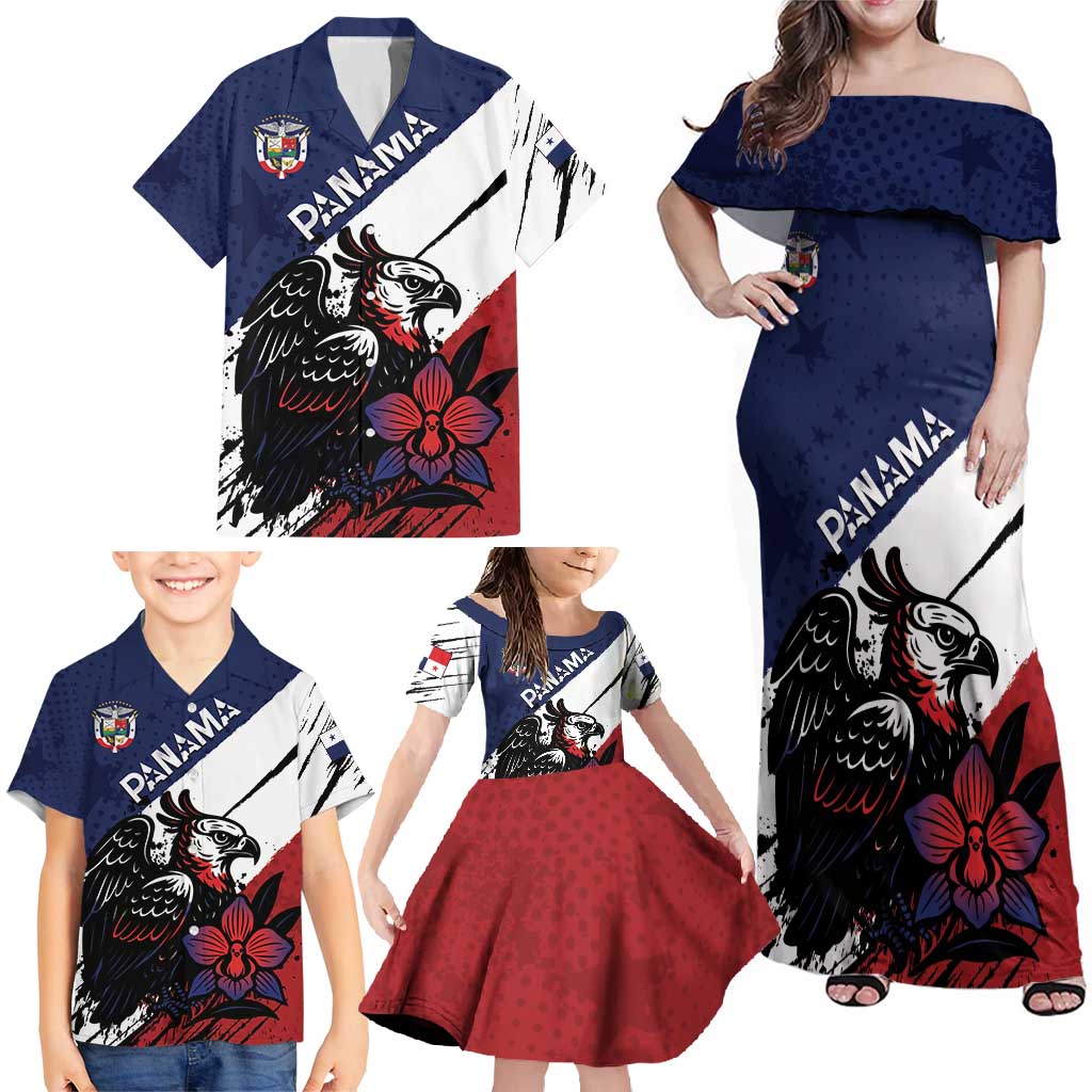 Personalized Panama Family Matching Off Shoulder Maxi Dress and Hawaiian Shirt Harpy Eagle Bird Grunge Style