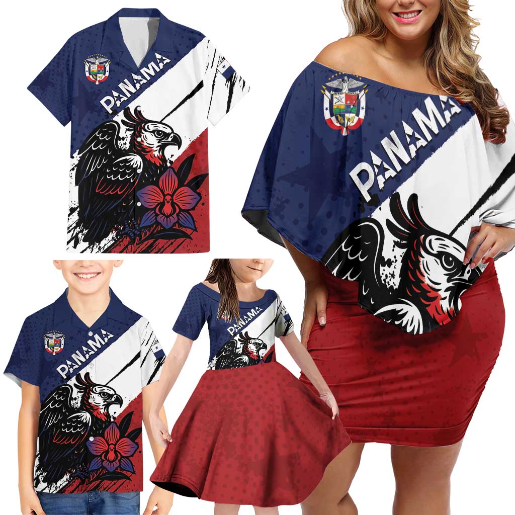 Personalized Panama Family Matching Off Shoulder Short Dress and Hawaiian Shirt Harpy Eagle Bird Grunge Style