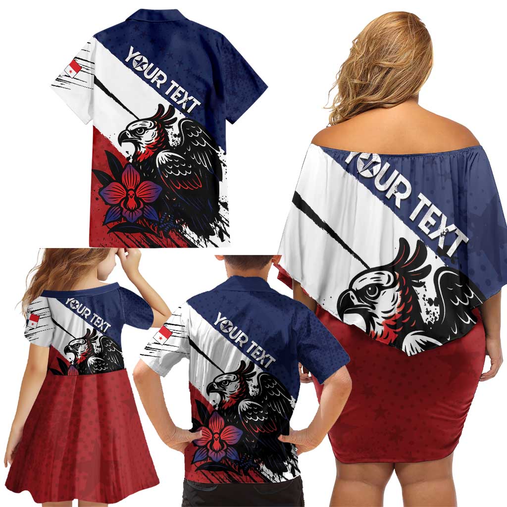 Personalized Panama Family Matching Off Shoulder Short Dress and Hawaiian Shirt Harpy Eagle Bird Grunge Style