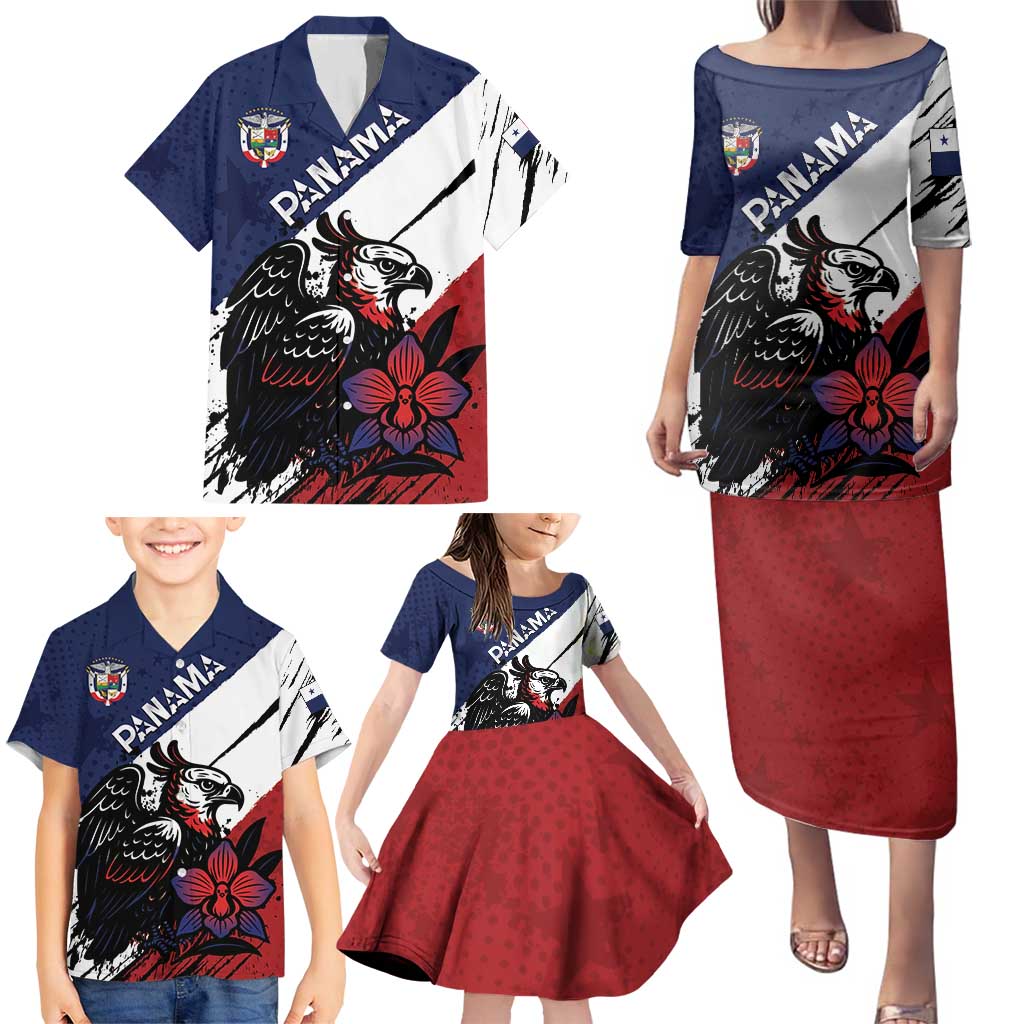 Personalized Panama Family Matching Puletasi and Hawaiian Shirt Harpy Eagle Bird Grunge Style
