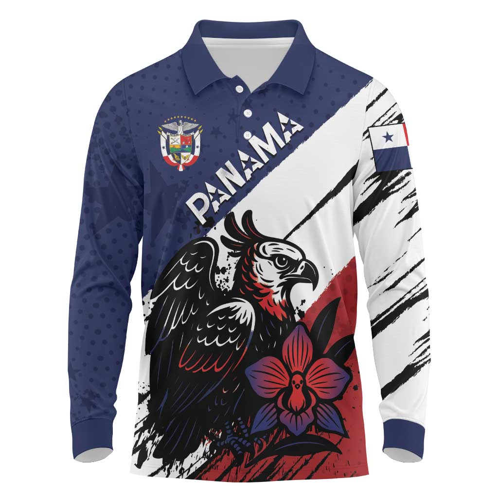 Personalized Panama Long Sleeve Polo Shirt Harpy Eagle Bird Grunge Style