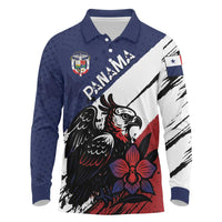 Personalized Panama Long Sleeve Polo Shirt Harpy Eagle Bird Grunge Style