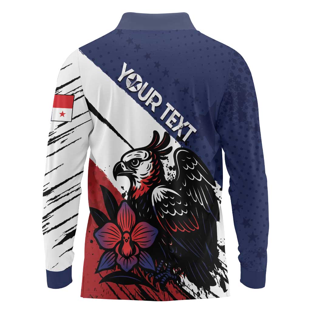 Personalized Panama Long Sleeve Polo Shirt Harpy Eagle Bird Grunge Style