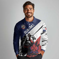 Personalized Panama Long Sleeve Polo Shirt Harpy Eagle Bird Grunge Style