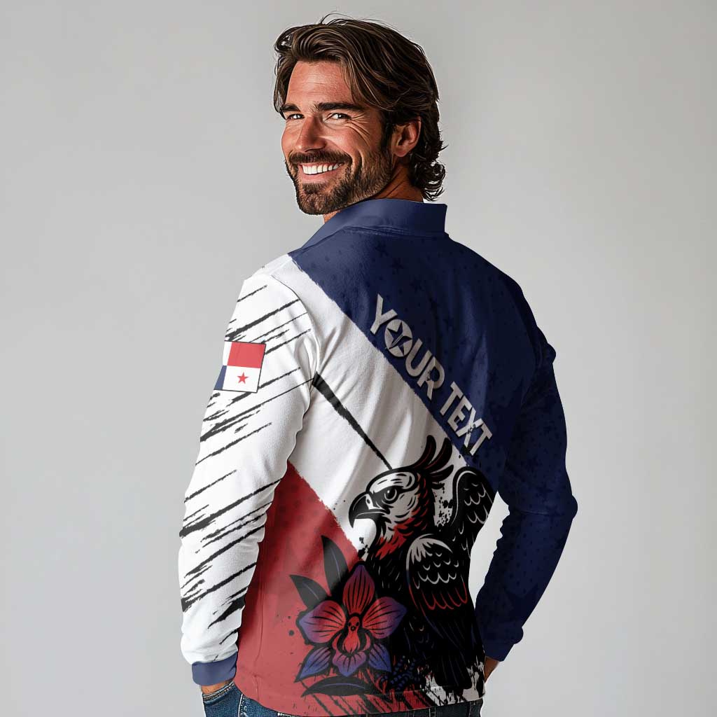 Personalized Panama Long Sleeve Polo Shirt Harpy Eagle Bird Grunge Style