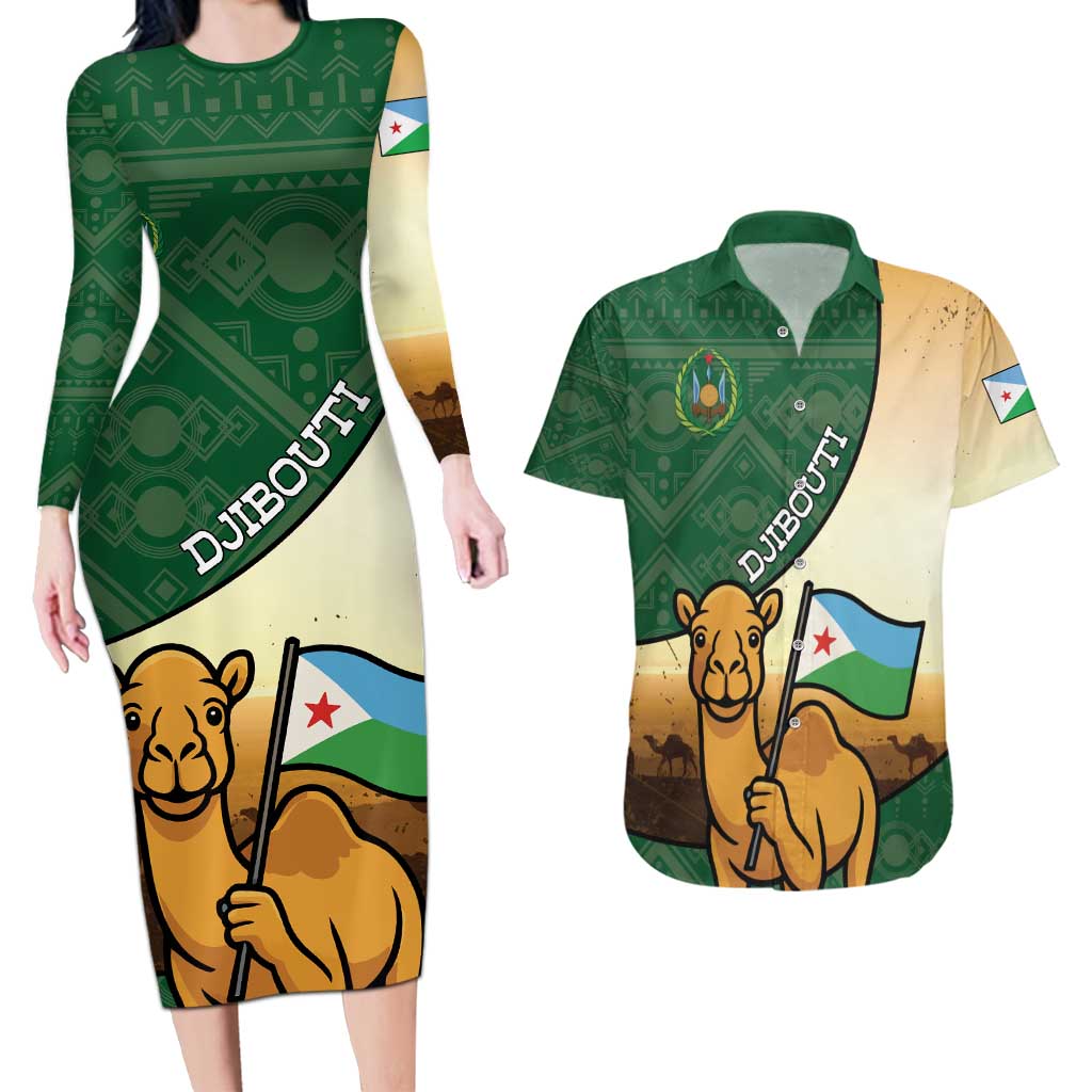 Personalized Djibouti Couples Matching Long Sleeve Bodycon Dress and Hawaiian Shirt Camel Holding Jabuuti Flag