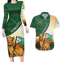 Personalized Djibouti Couples Matching Long Sleeve Bodycon Dress and Hawaiian Shirt Camel Holding Jabuuti Flag