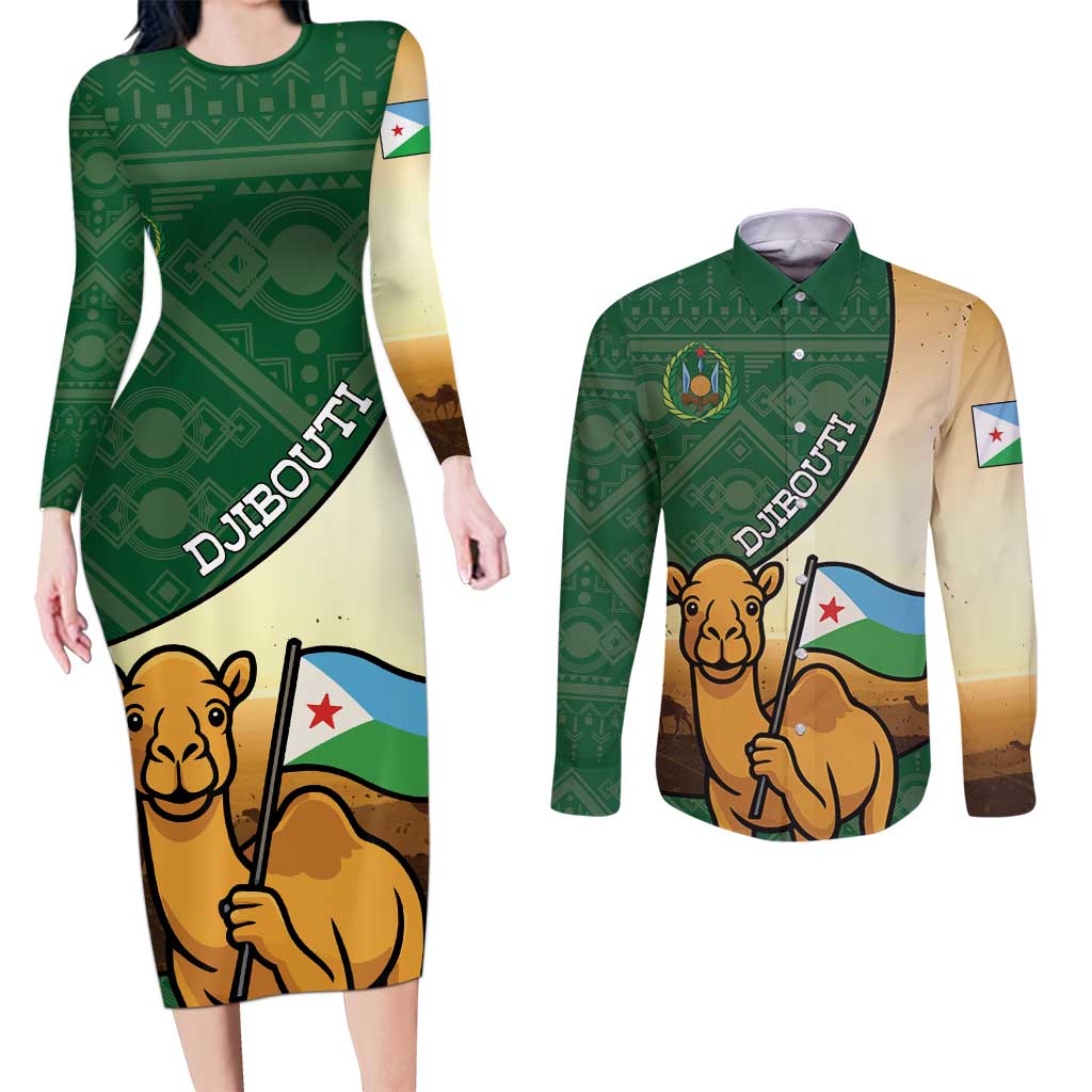 Personalized Djibouti Couples Matching Long Sleeve Bodycon Dress and Long Sleeve Button Shirt Camel Holding Jabuuti Flag