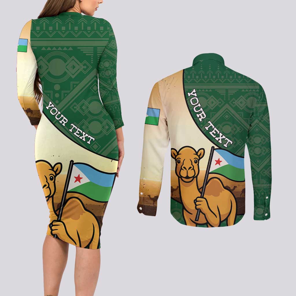 Personalized Djibouti Couples Matching Long Sleeve Bodycon Dress and Long Sleeve Button Shirt Camel Holding Jabuuti Flag