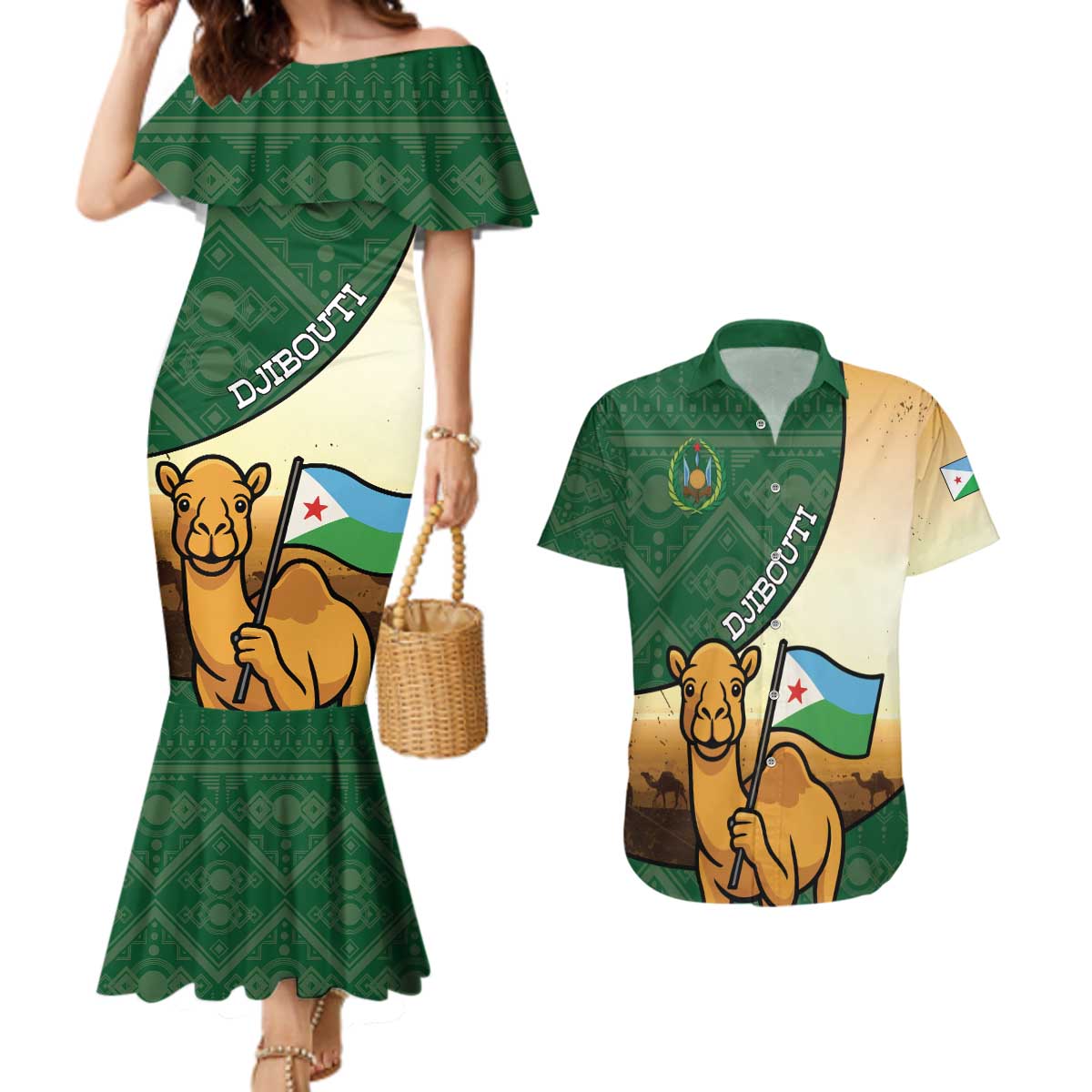 Personalized Djibouti Couples Matching Mermaid Dress and Hawaiian Shirt Camel Holding Jabuuti Flag