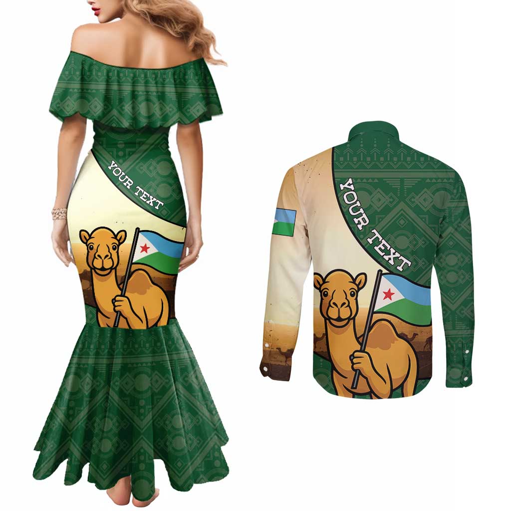 Personalized Djibouti Couples Matching Mermaid Dress and Long Sleeve Button Shirt Camel Holding Jabuuti Flag