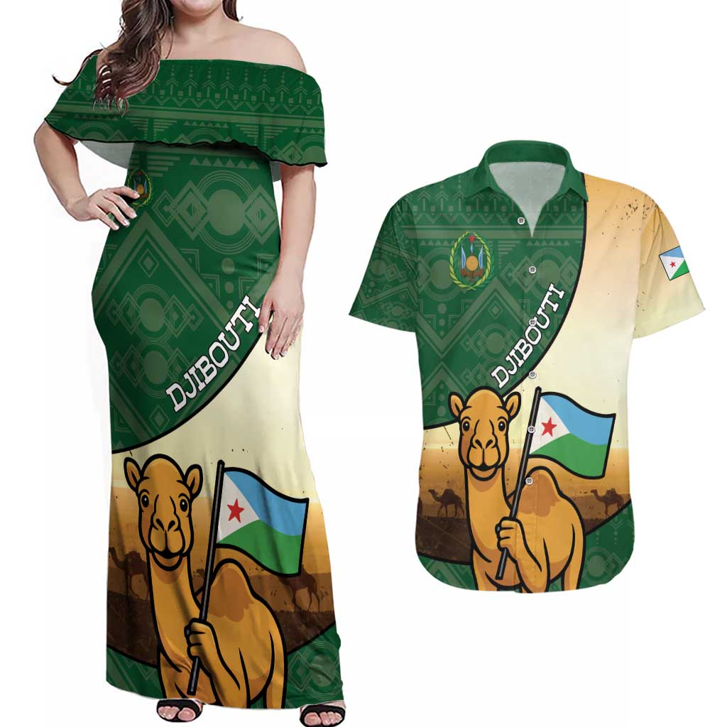 Personalized Djibouti Couples Matching Off Shoulder Maxi Dress and Hawaiian Shirt Camel Holding Jabuuti Flag
