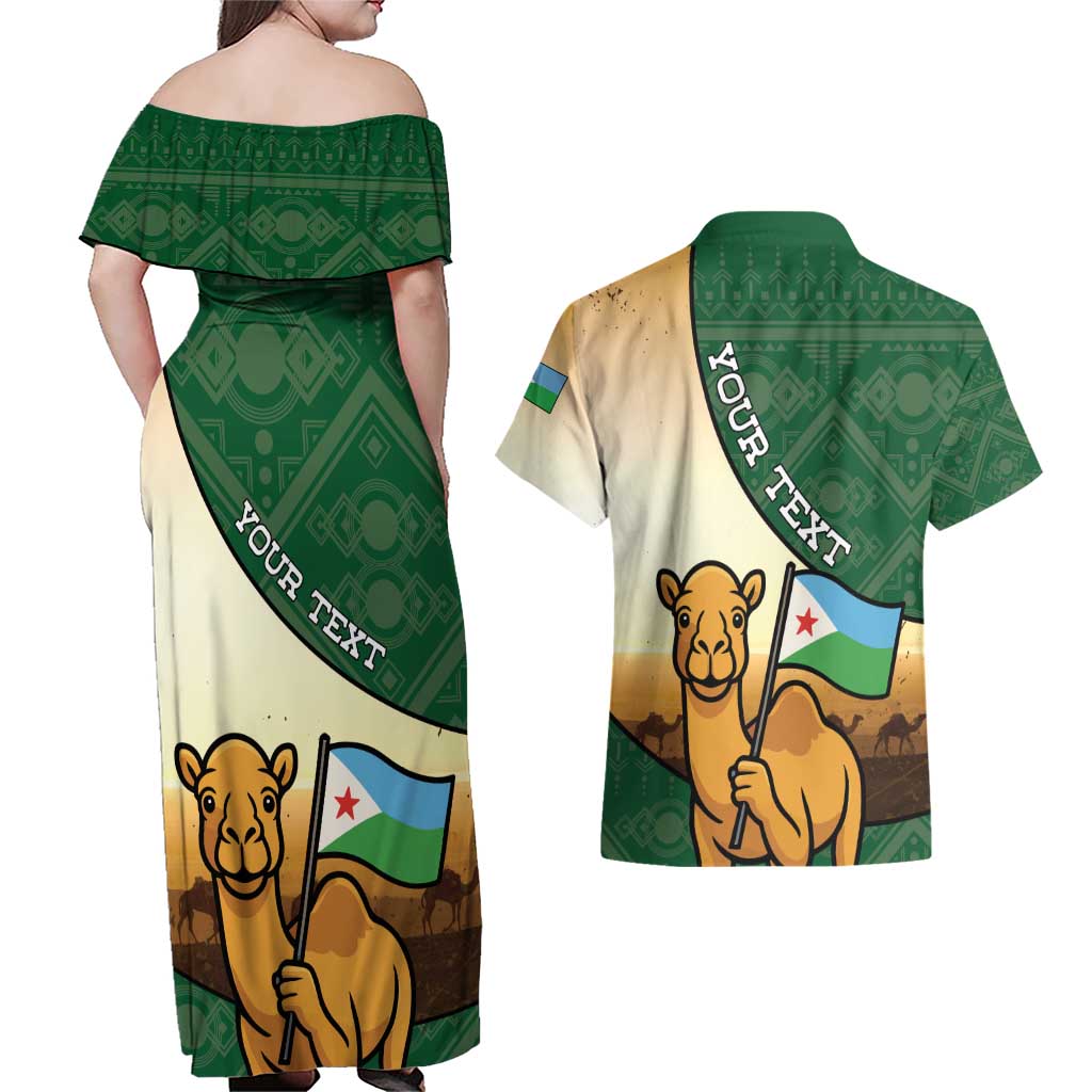 Personalized Djibouti Couples Matching Off Shoulder Maxi Dress and Hawaiian Shirt Camel Holding Jabuuti Flag