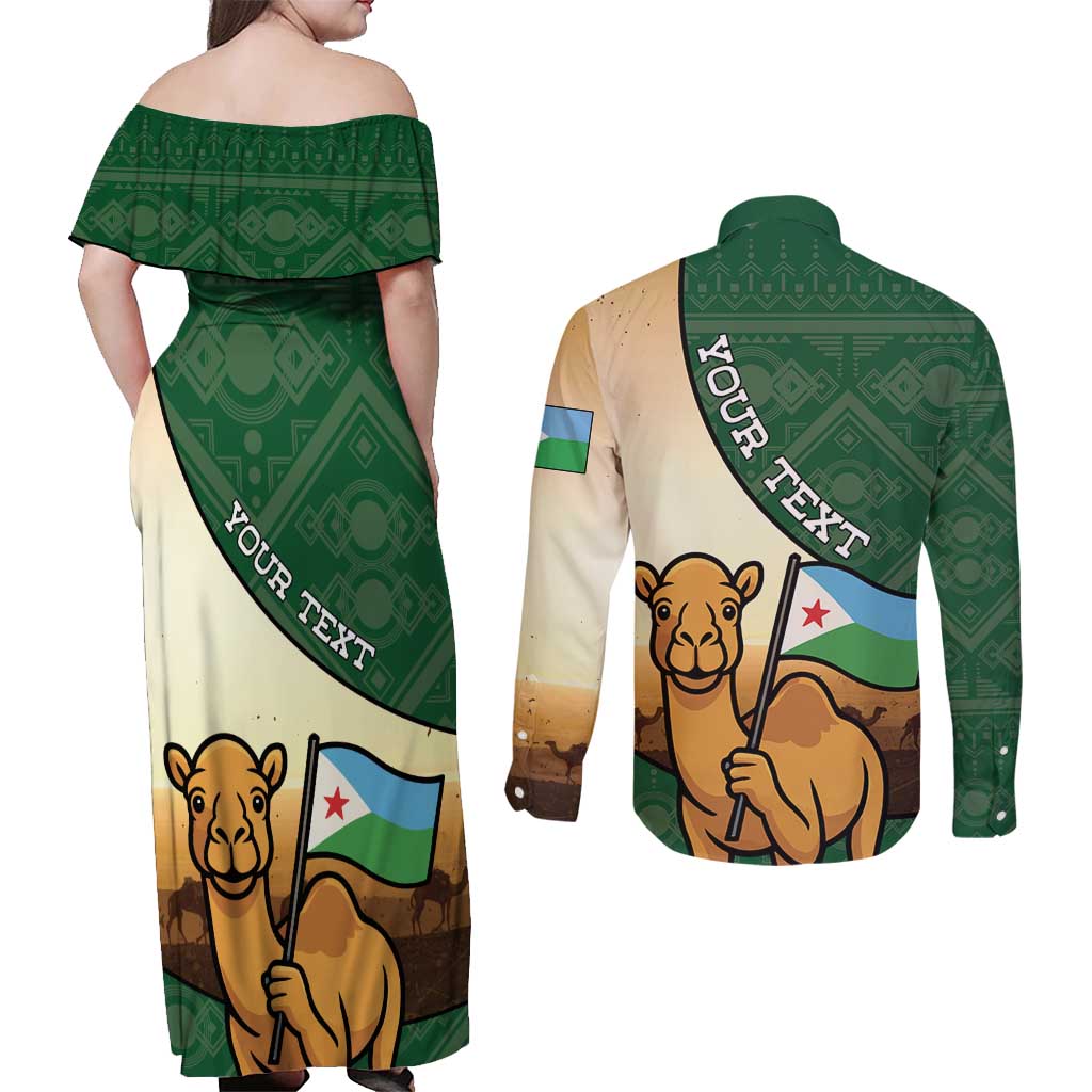 Personalized Djibouti Couples Matching Off Shoulder Maxi Dress and Long Sleeve Button Shirt Camel Holding Jabuuti Flag