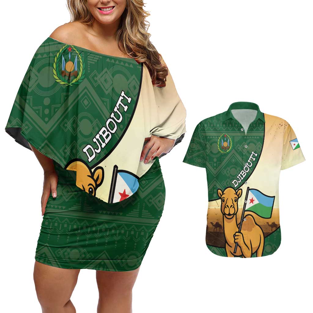 Personalized Djibouti Couples Matching Off Shoulder Short Dress and Hawaiian Shirt Camel Holding Jabuuti Flag