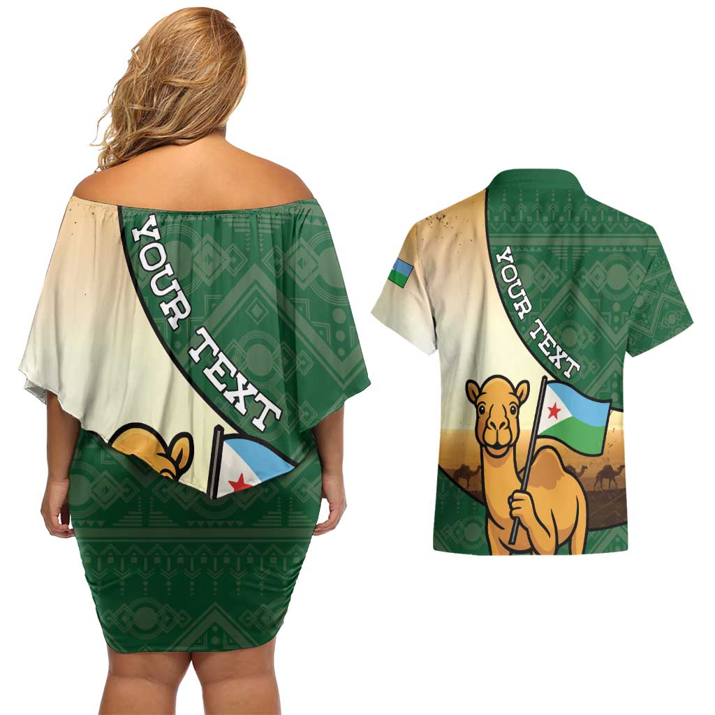 Personalized Djibouti Couples Matching Off Shoulder Short Dress and Hawaiian Shirt Camel Holding Jabuuti Flag